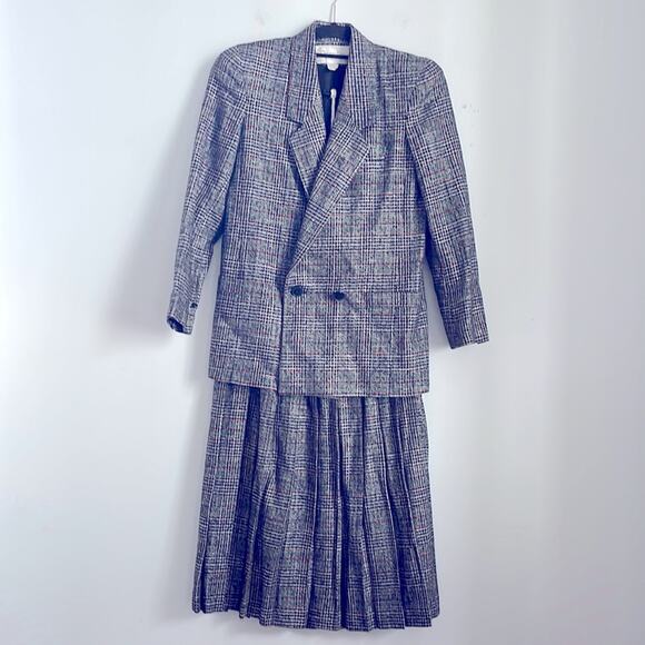 Vintage Christian Dior wool plaid pleated skirt double breasted blazer suit sz 6 - Picture 1 of 13
